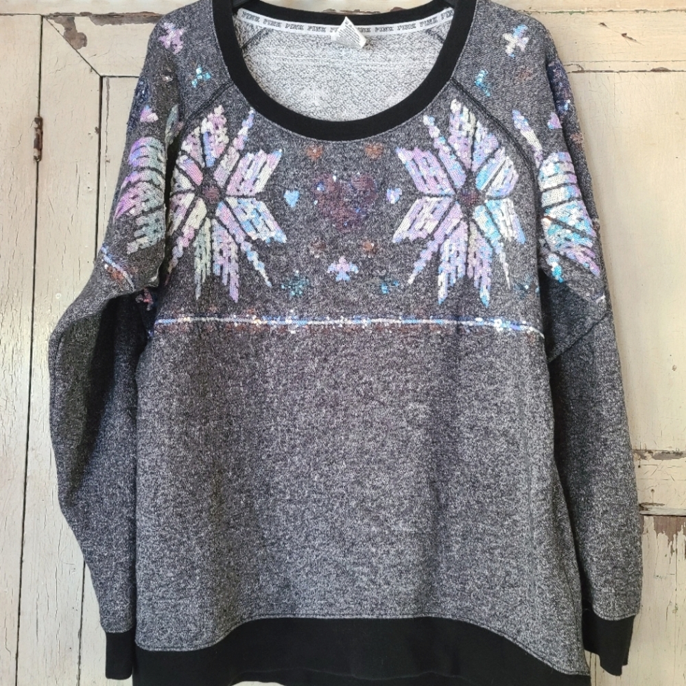 Pink Bling Winter pattern Sweatshirt Iridescent Sequins L